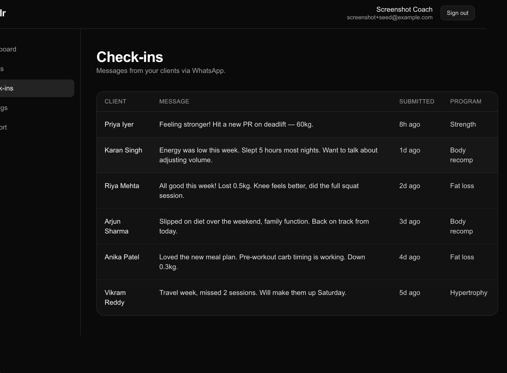 Scalr dashboard showing client check-in replies organized in a single feed